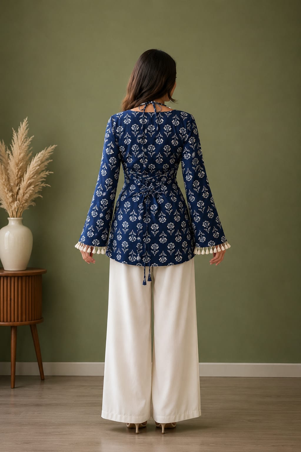 NEW ARRIVALS-Navy Blue Printed Bell Sleeve Top