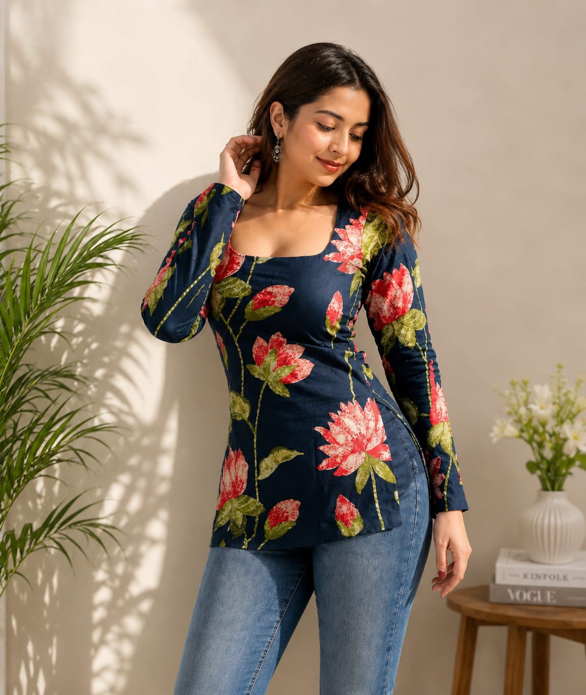 NEW ARRIVAL | Navy Blue Floral Square Neck Top