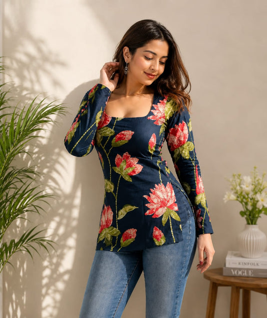 NEW ARRIVAL | Navy Blue Floral Square Neck Top