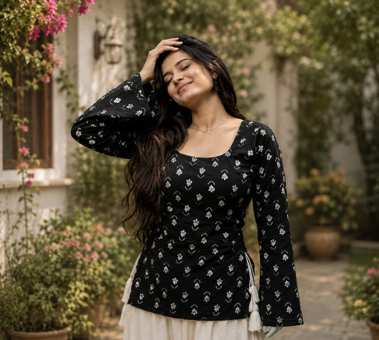 ✨ NEW ARRIVAL | Black Floral Print Tie-Back Kurti