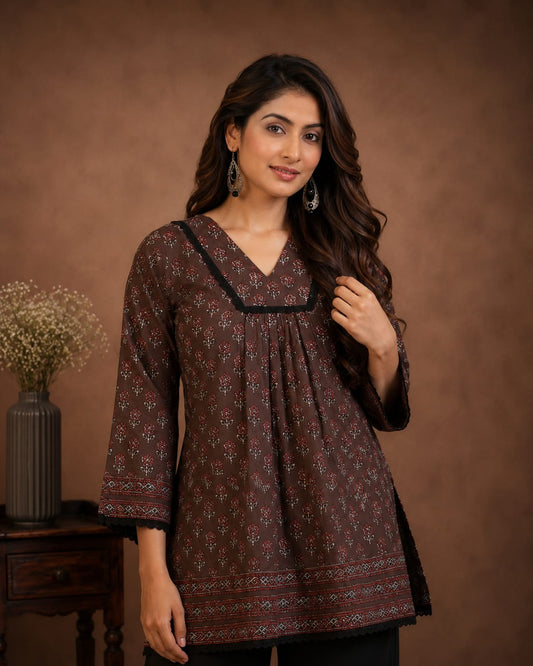 New Arrival – Premium Brown Printed Short Kurti