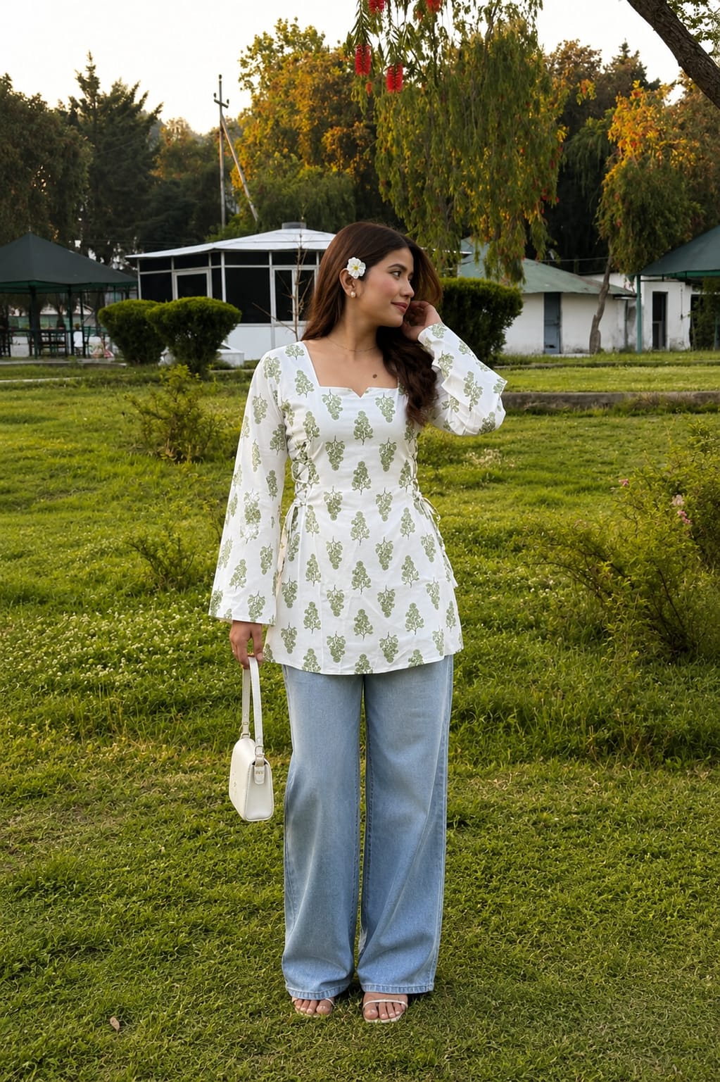 New Arrival – Elegant White Printed Side Tie-Up Top