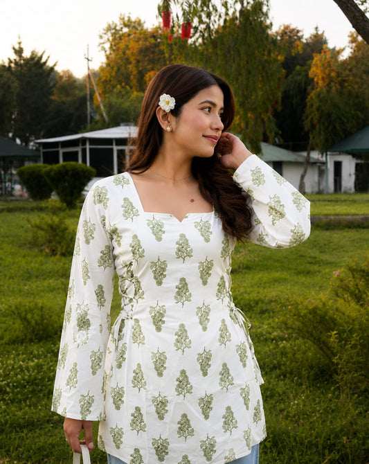 New Arrival – Elegant White Printed Side Tie-Up Top