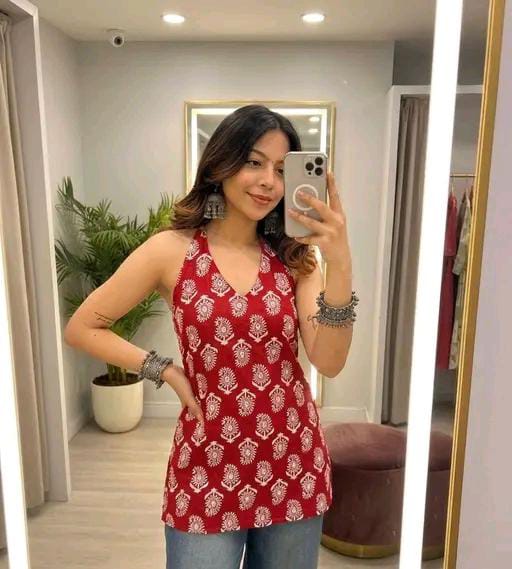 Red Printed Halter Kurti