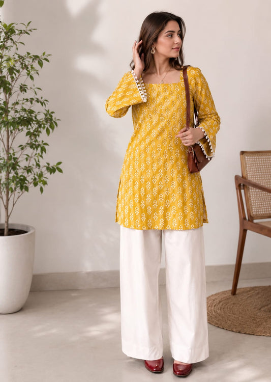 Mustard Yellow Printed Straight Kurti