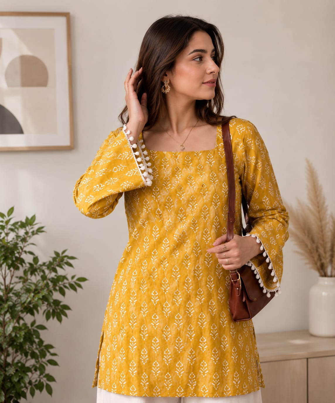 Mustard Yellow Printed Straight Kurti