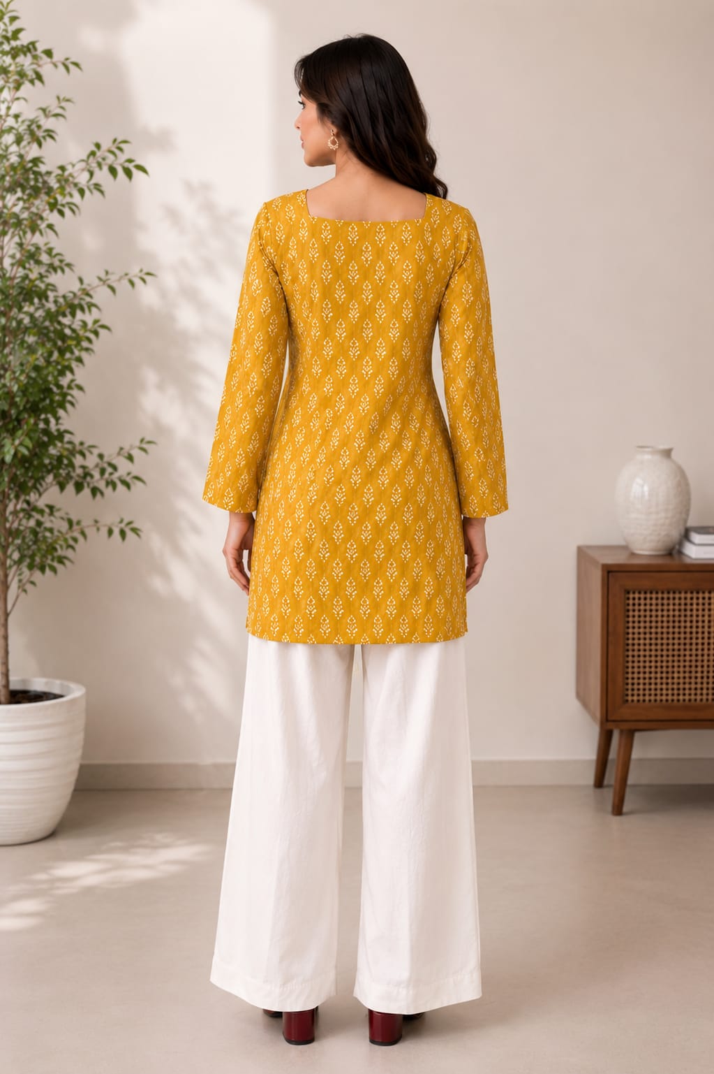 Mustard Yellow Printed Straight Kurti