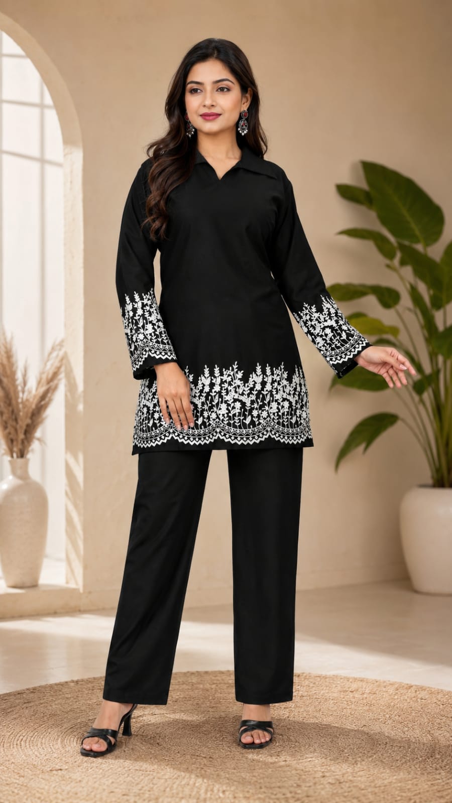 Premium Black Embroidered Kurta Pant Set for Women