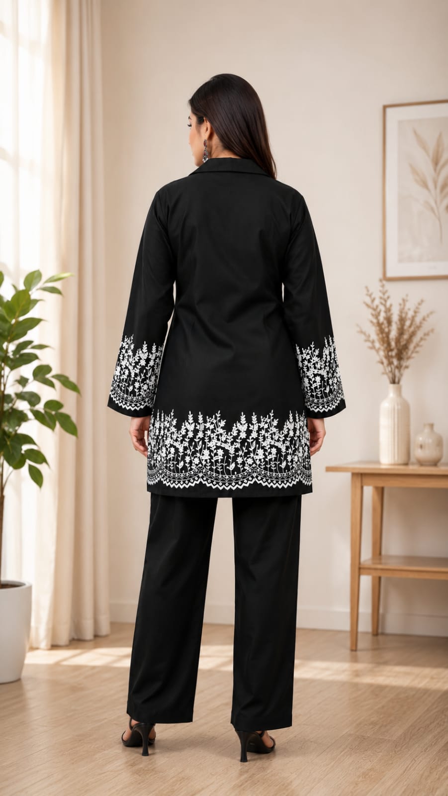 Premium Black Embroidered Kurta Pant Set for Women