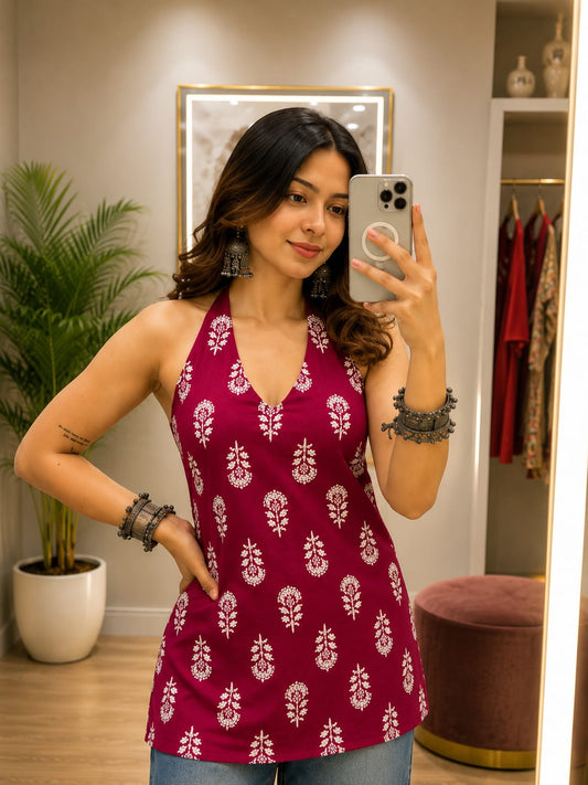 NEW ARRIVAL | Maroon Halter Neck Cotton Top