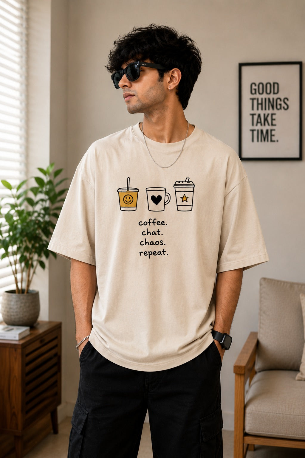 Coffee. Chat. Chaos. Repeat. – Premium Oversized T-Shirt