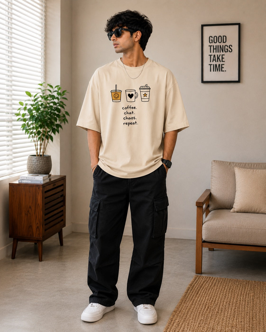 Coffee. Chat. Chaos. Repeat. – Premium Oversized T-Shirt