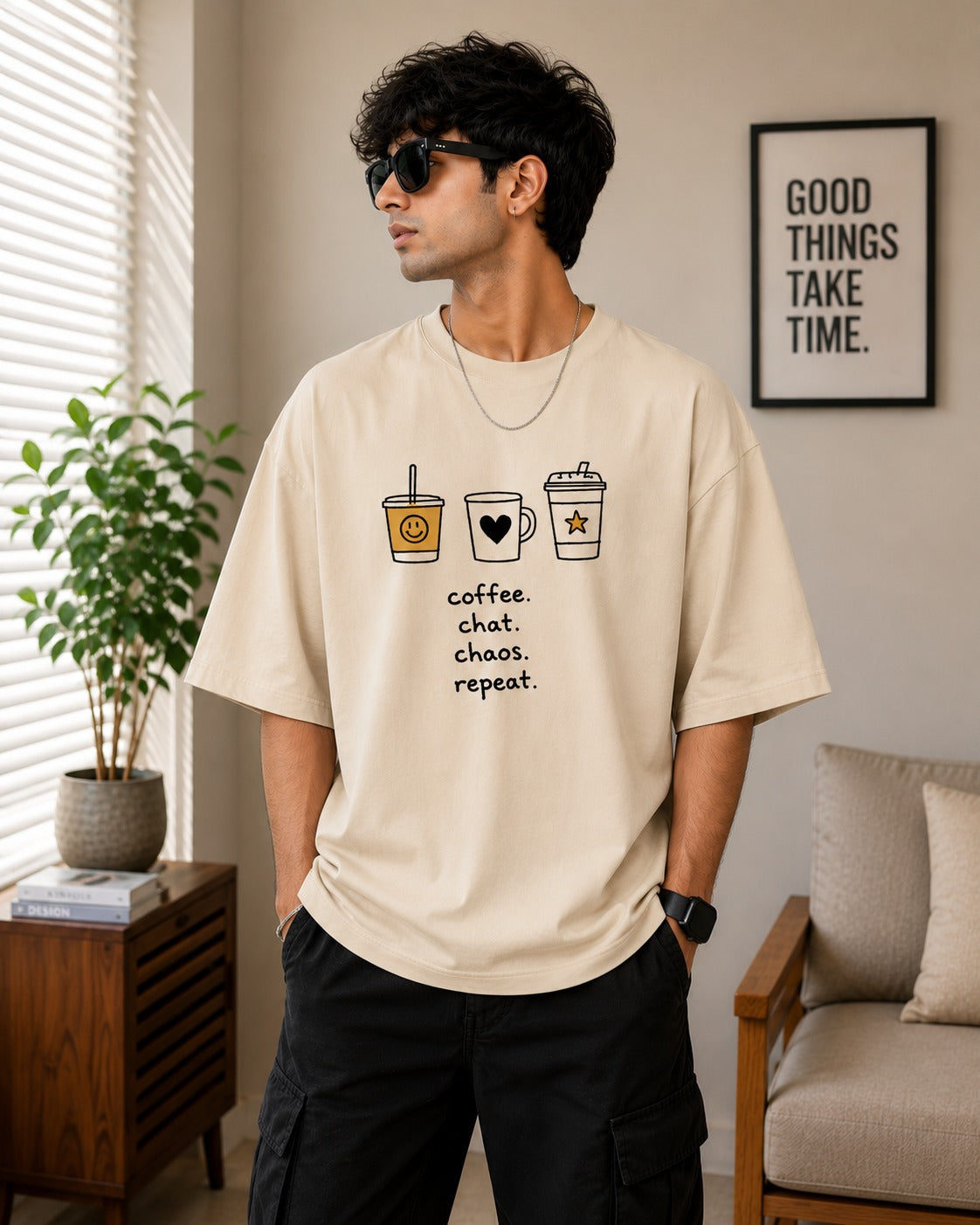 Coffee. Chat. Chaos. Repeat. – Premium Oversized T-Shirt