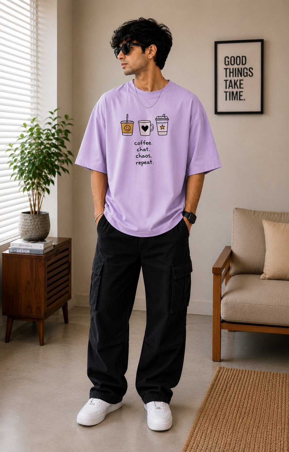 Coffee. Chat. Chaos. Repeat. – Premium Oversized T-Shirt