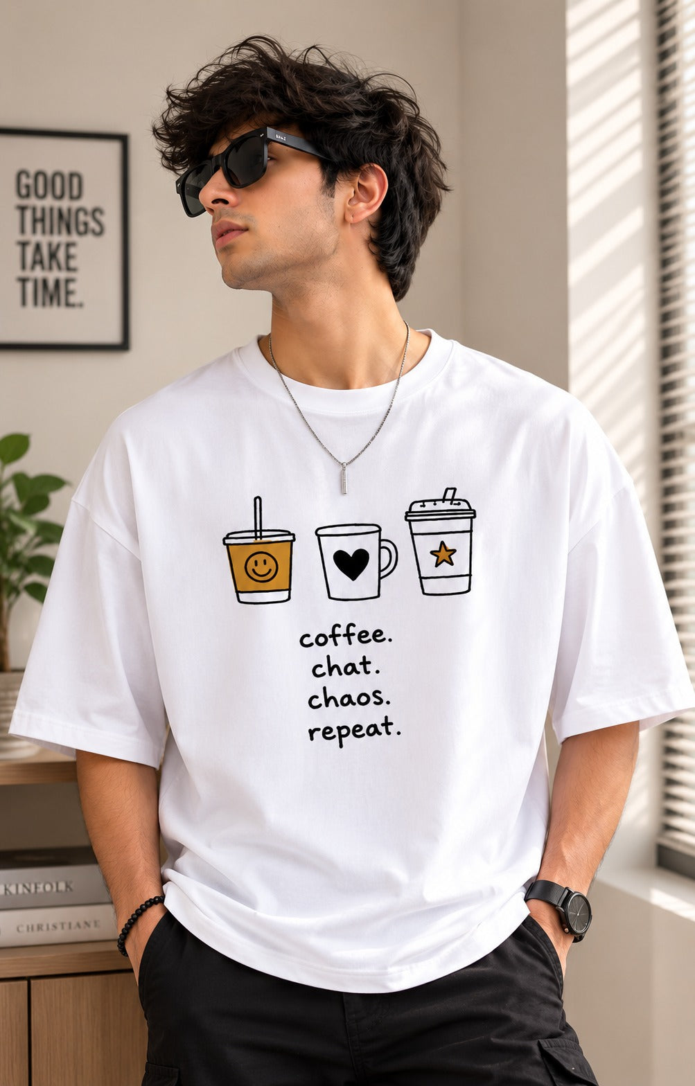 Coffee. Chat. Chaos. Repeat. – Premium Oversized T-Shirt