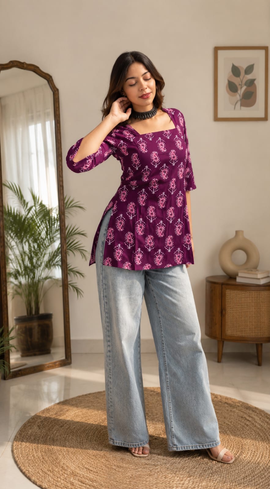 Women’s Premium Cotton  Purple Printed Short Kurti
