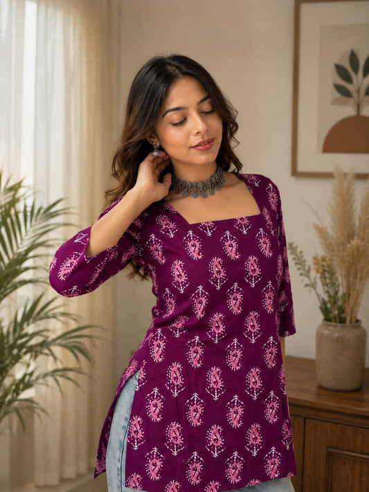 Women’s Premium Cotton  Purple Printed Short Kurti