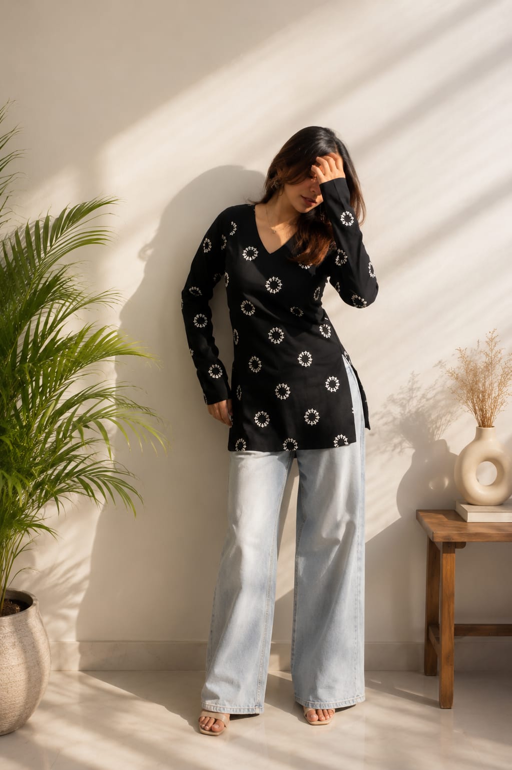 Women’s Black Cotton Printed Short Kurti – V-Neck Full Sleeve