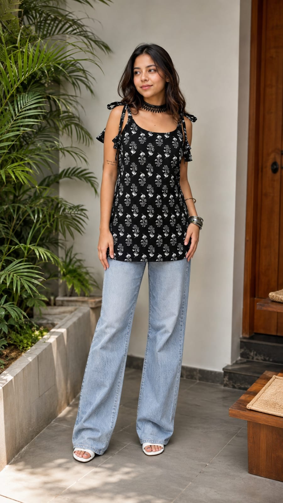 Black Sleeveless Cotton Printed Kurti