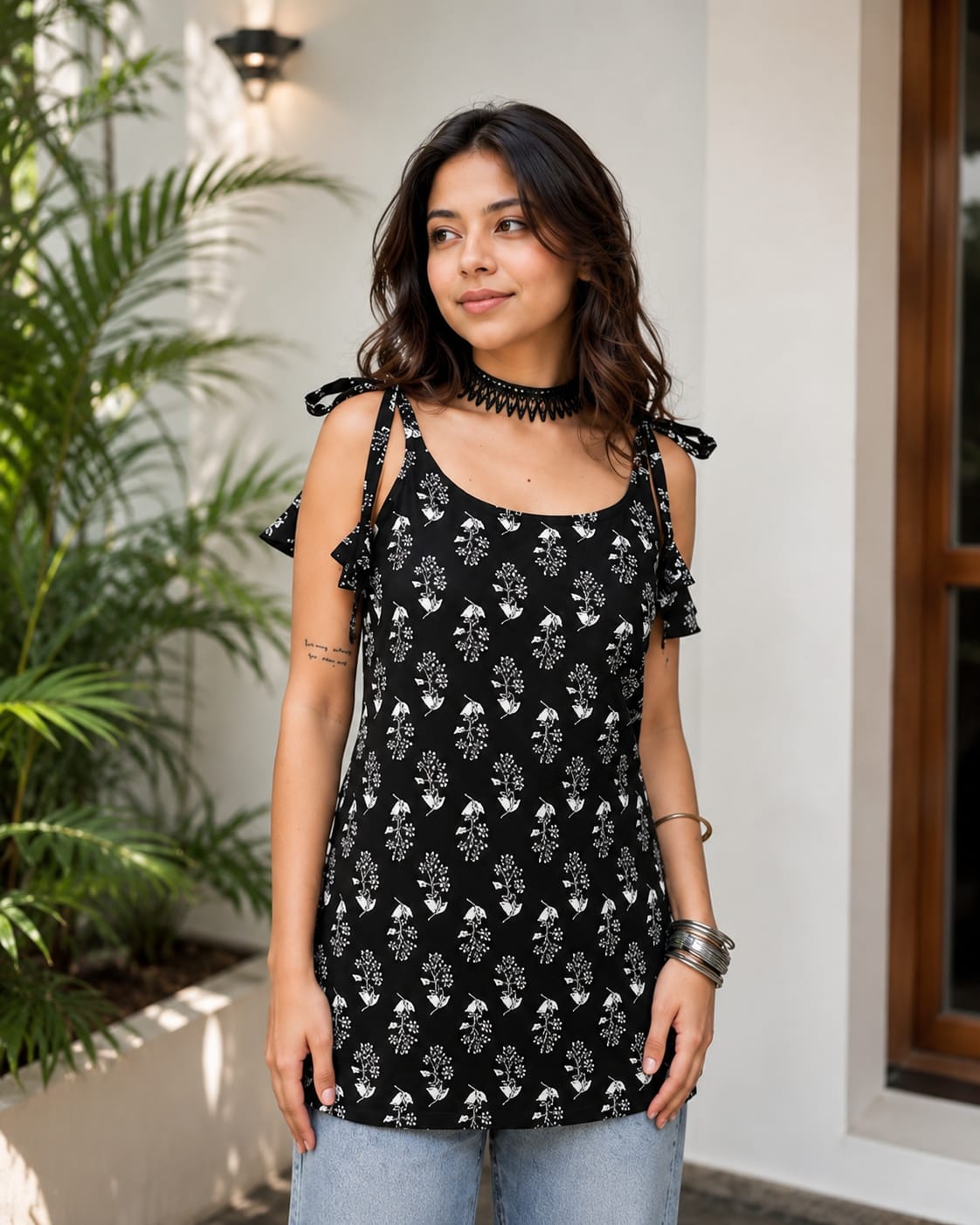 Black Sleeveless Cotton Printed Kurti