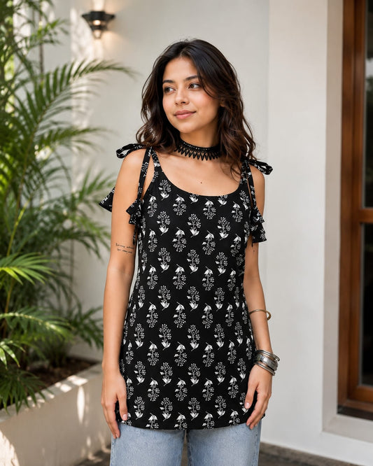 Black Sleeveless Cotton Printed Kurti