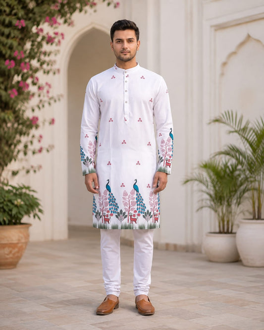 Men's White Peacock Printed Festive Kurta