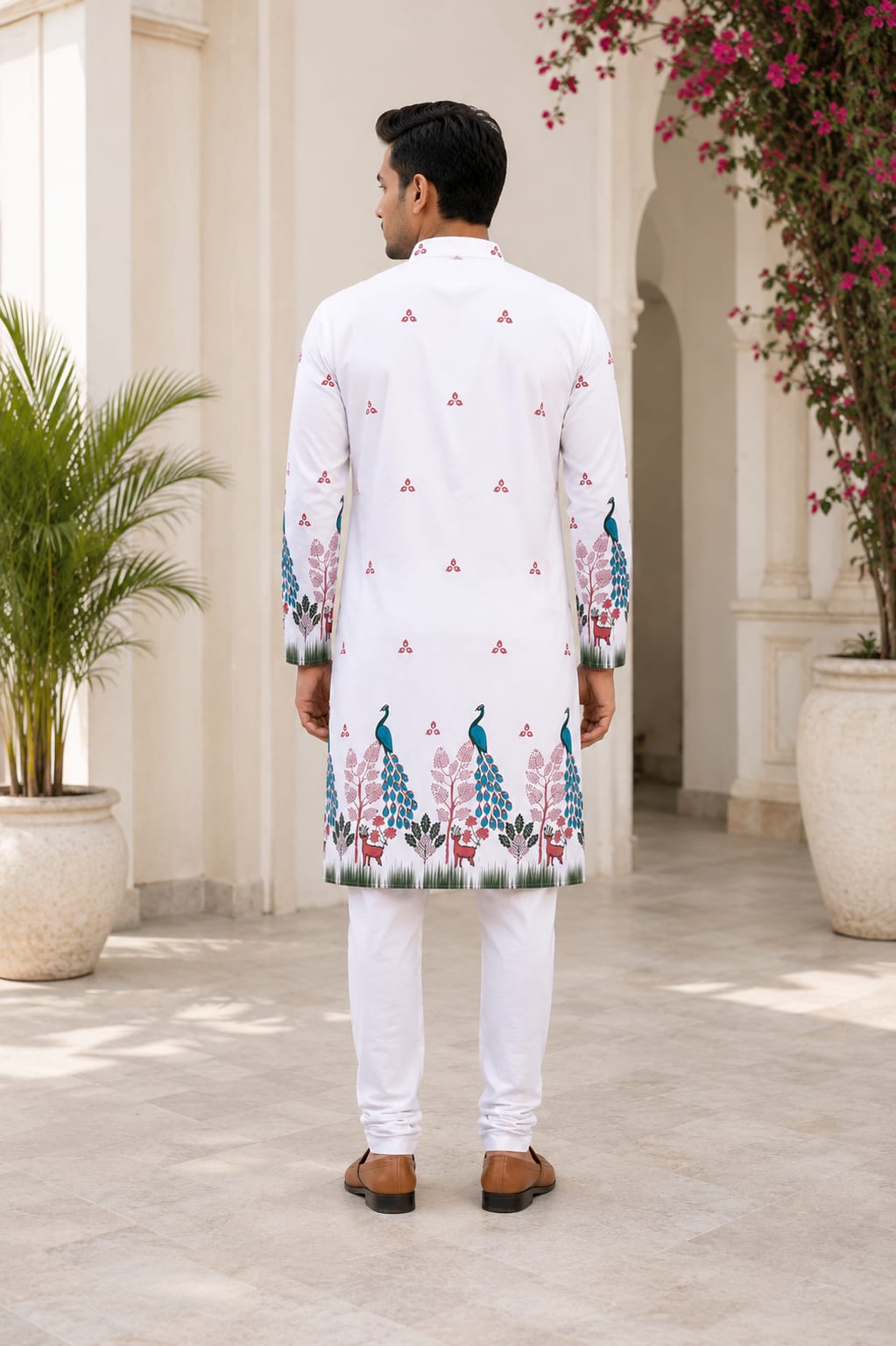 Men's White Peacock Printed Festive Kurta