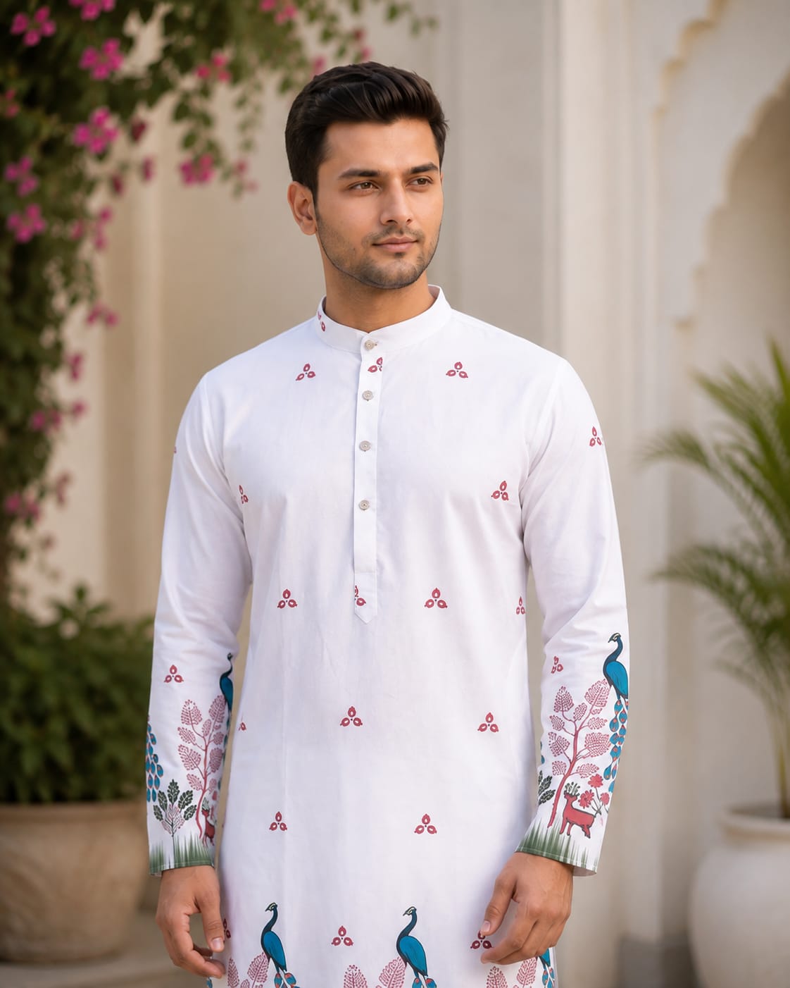 Men's White Peacock Printed Festive Kurta