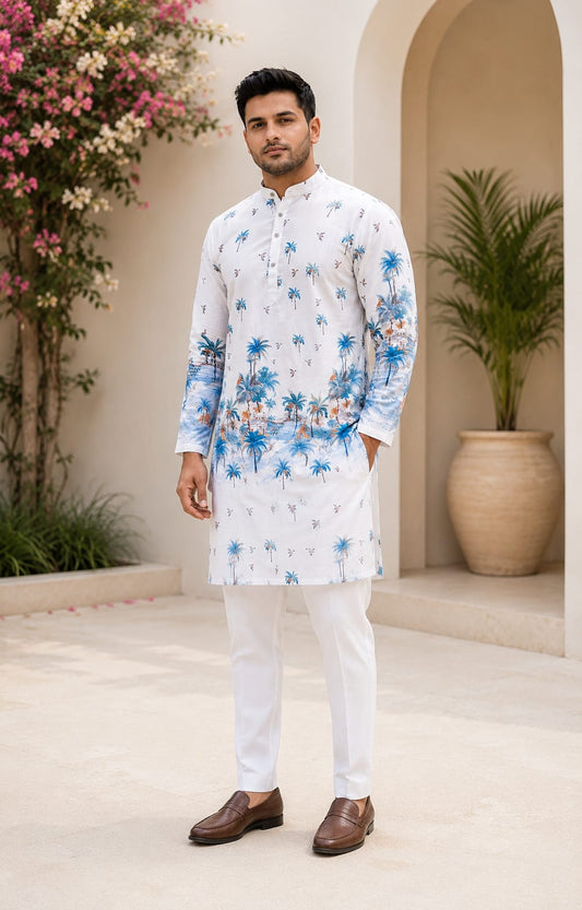 Men's White Blue Palm Tree Printed Festive Kurta