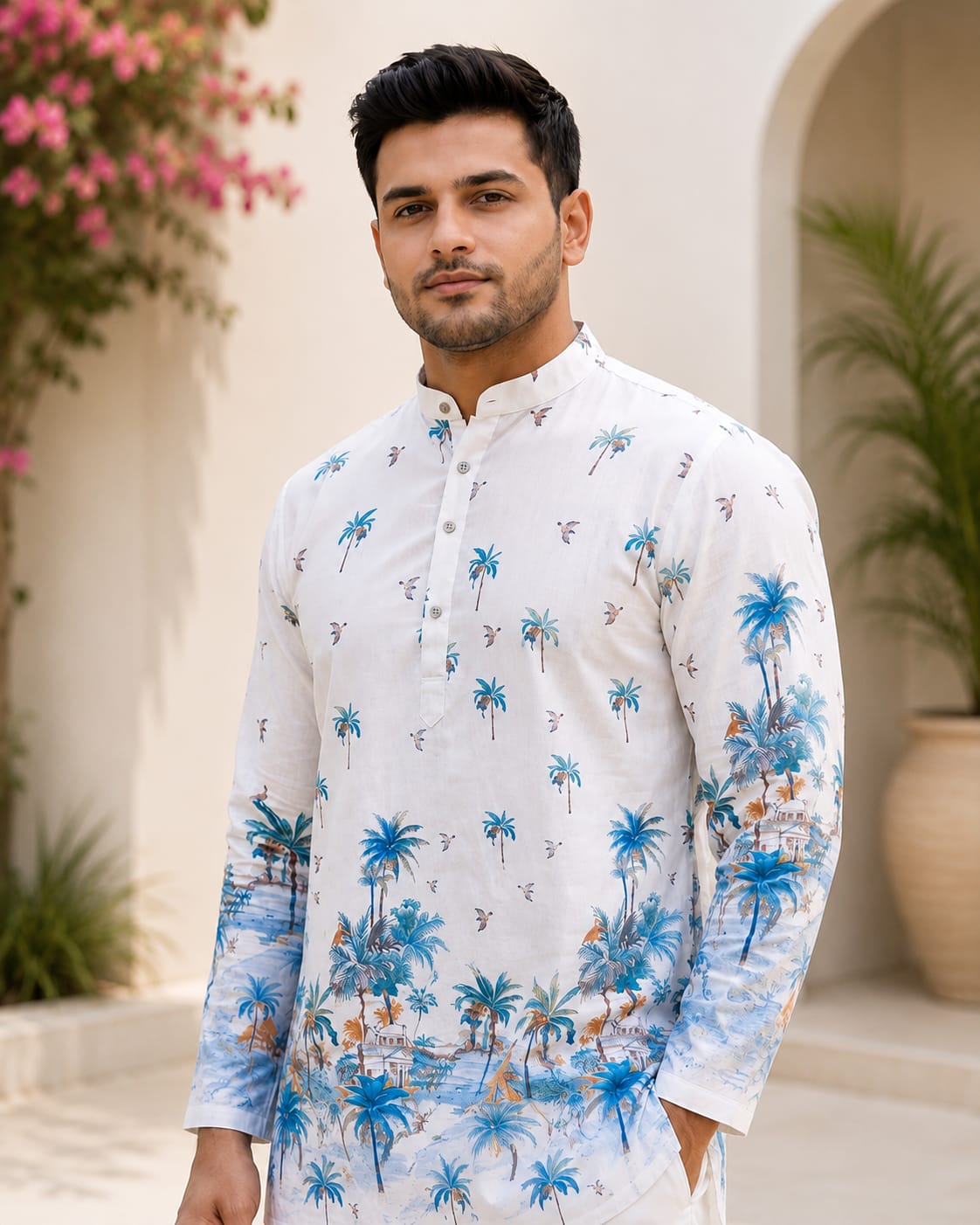 Men's White Blue Palm Tree Printed Festive Kurta