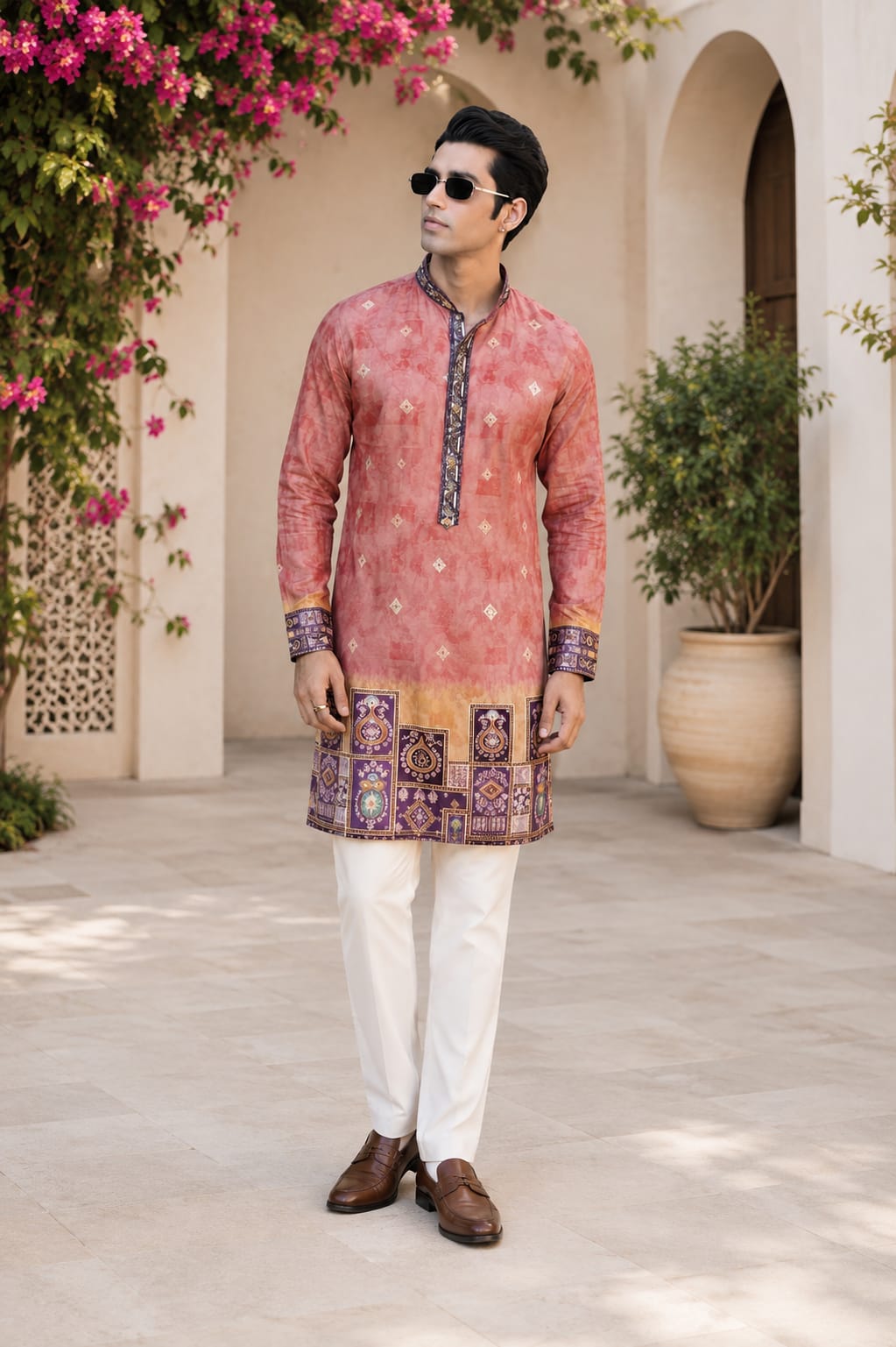 Men's Coral Pink Printed Ethnic Festive Kurta