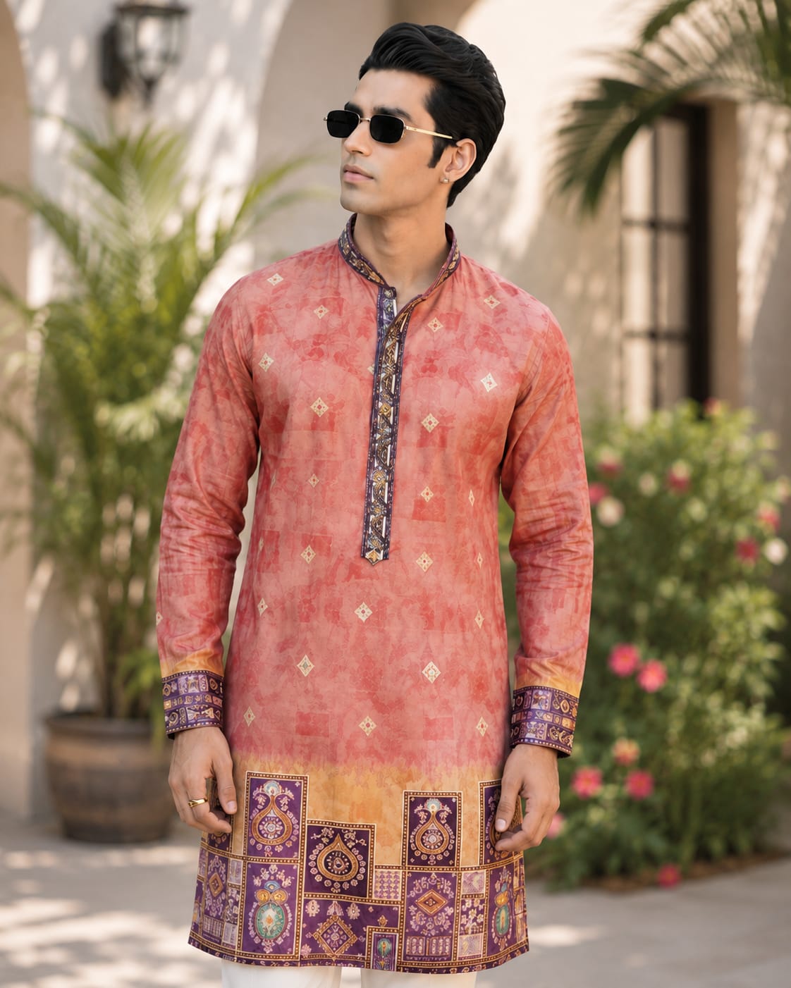 Men's Coral Pink Printed Ethnic Festive Kurta