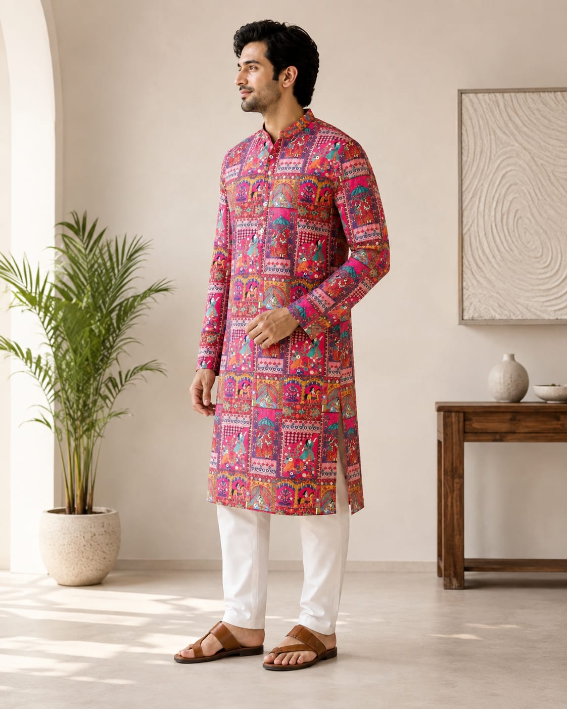 Men's Multicolor Rajasthani Folk Art Printed Kurta