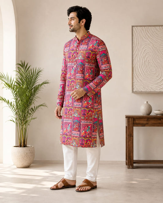 Men's Multicolor Rajasthani Folk Art Printed Kurta