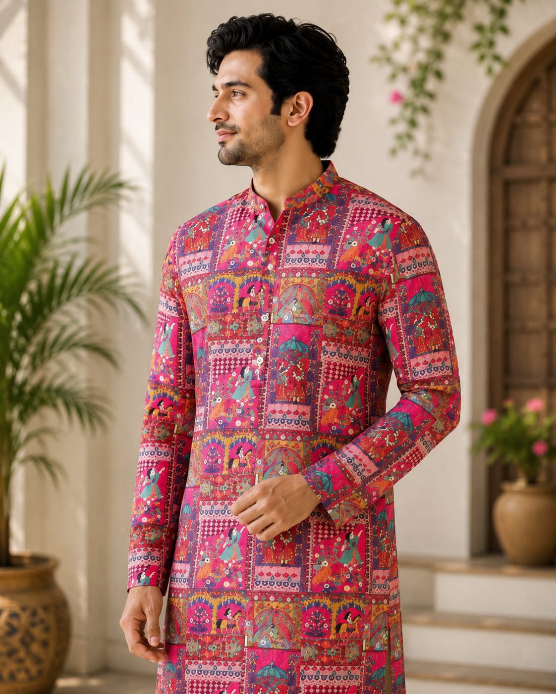 Men's Multicolor Rajasthani Folk Art Printed Kurta