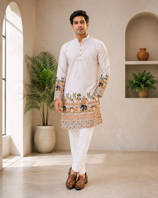 Men's White Traditional Elephant & Folk Print Festive Kurta