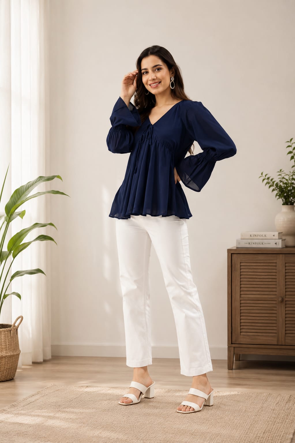 NEW ARRIVALS | Navy Blue Tie-Back Flared Top