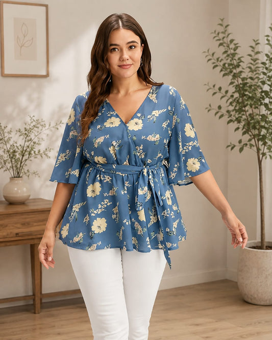 NEW ARRIVALS | Blue Floral Wrap Peplum Top