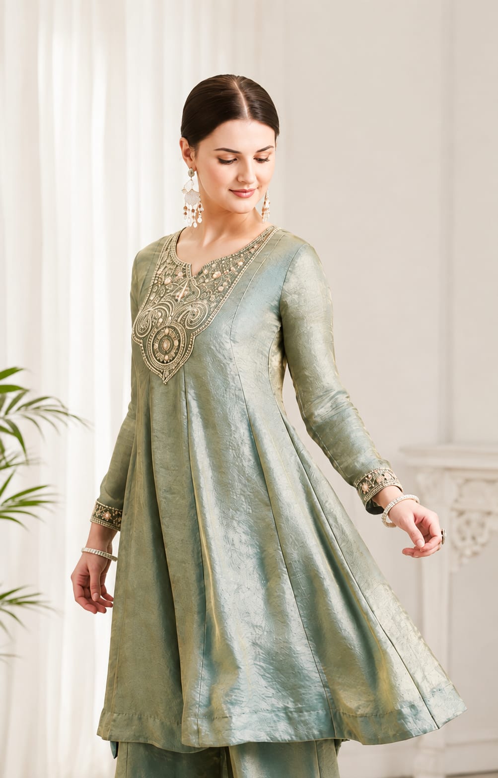 Festive Sage Green Elegance – Embroidered