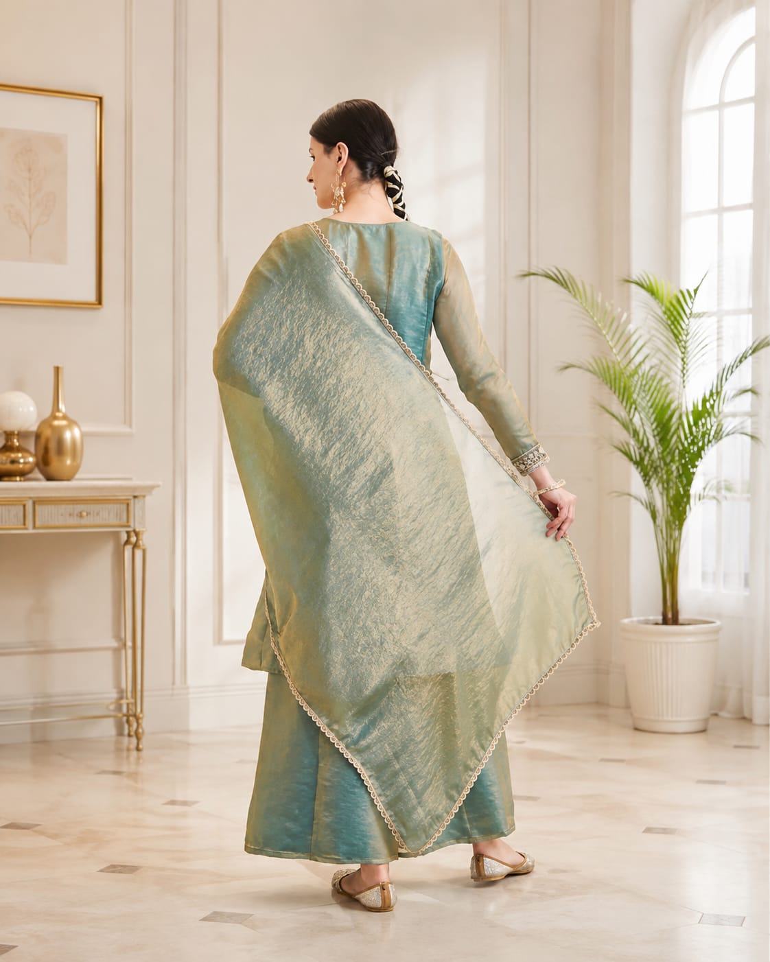 Festive Sage Green Elegance – Embroidered