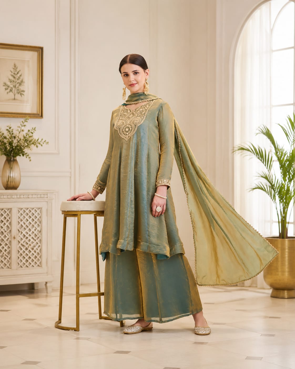 Festive Sage Green Elegance – Embroidered