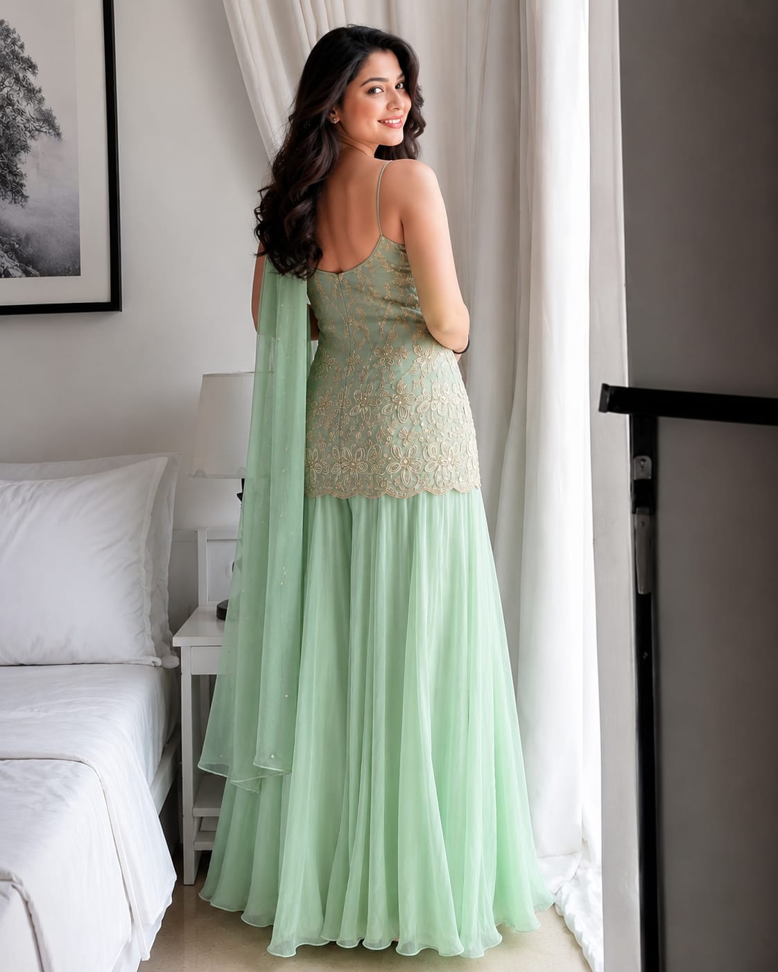 Festive Sage Green Embroidered Sharara Set
