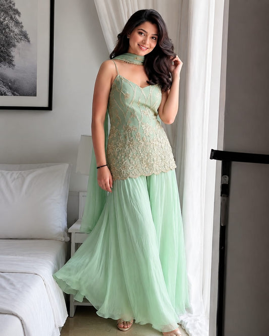 Festive Sage Green Embroidered Sharara Set