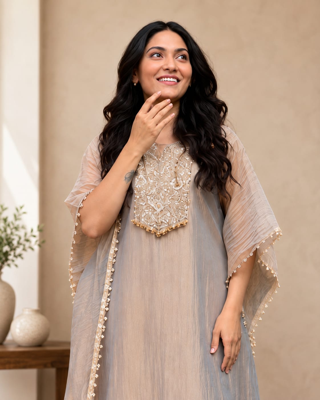 Festive Pearl Beige Embroidered Kaftan Set