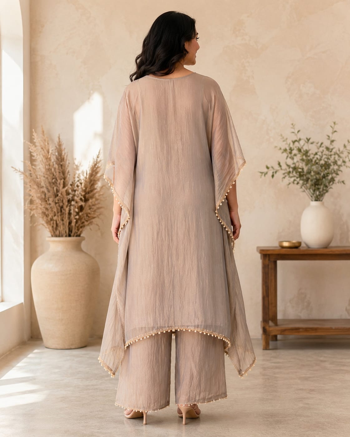 Festive Pearl Beige Embroidered Kaftan Set