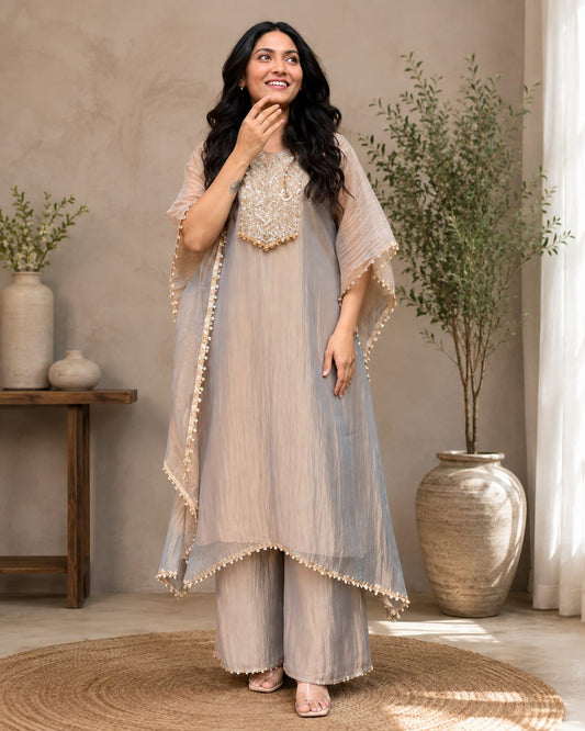 Festive Pearl Beige Embroidered Kaftan Set