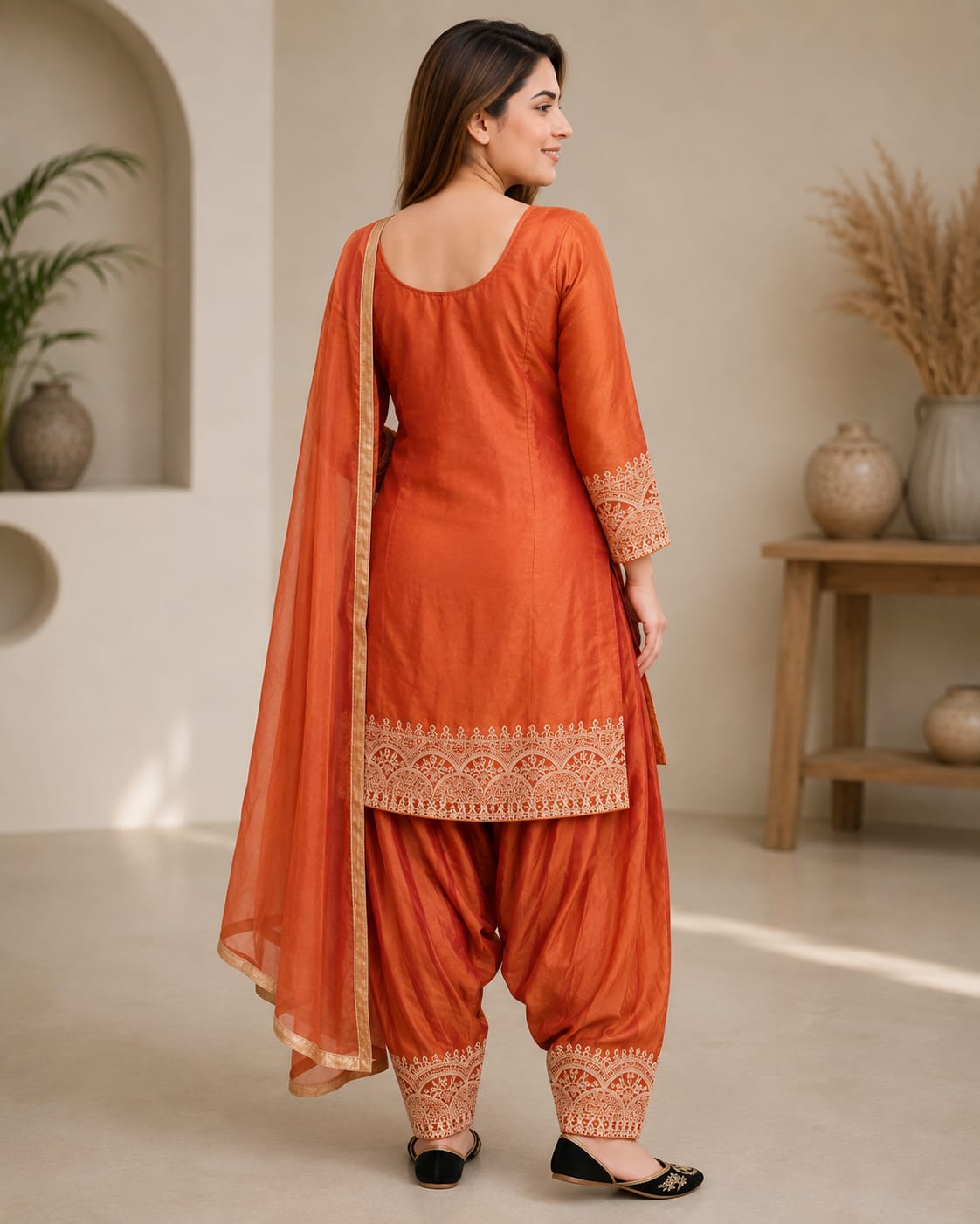Festive Rust Orange Embroidered Punjabi Suit Set