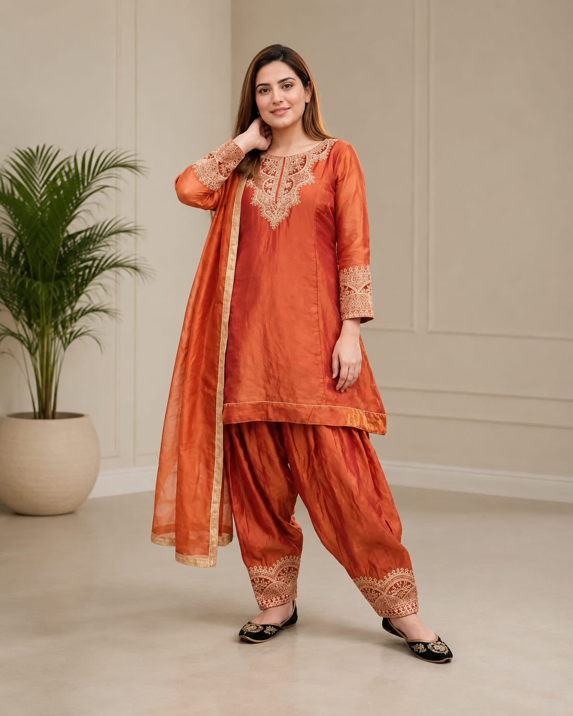 Festive Rust Orange Embroidered Punjabi Suit Set