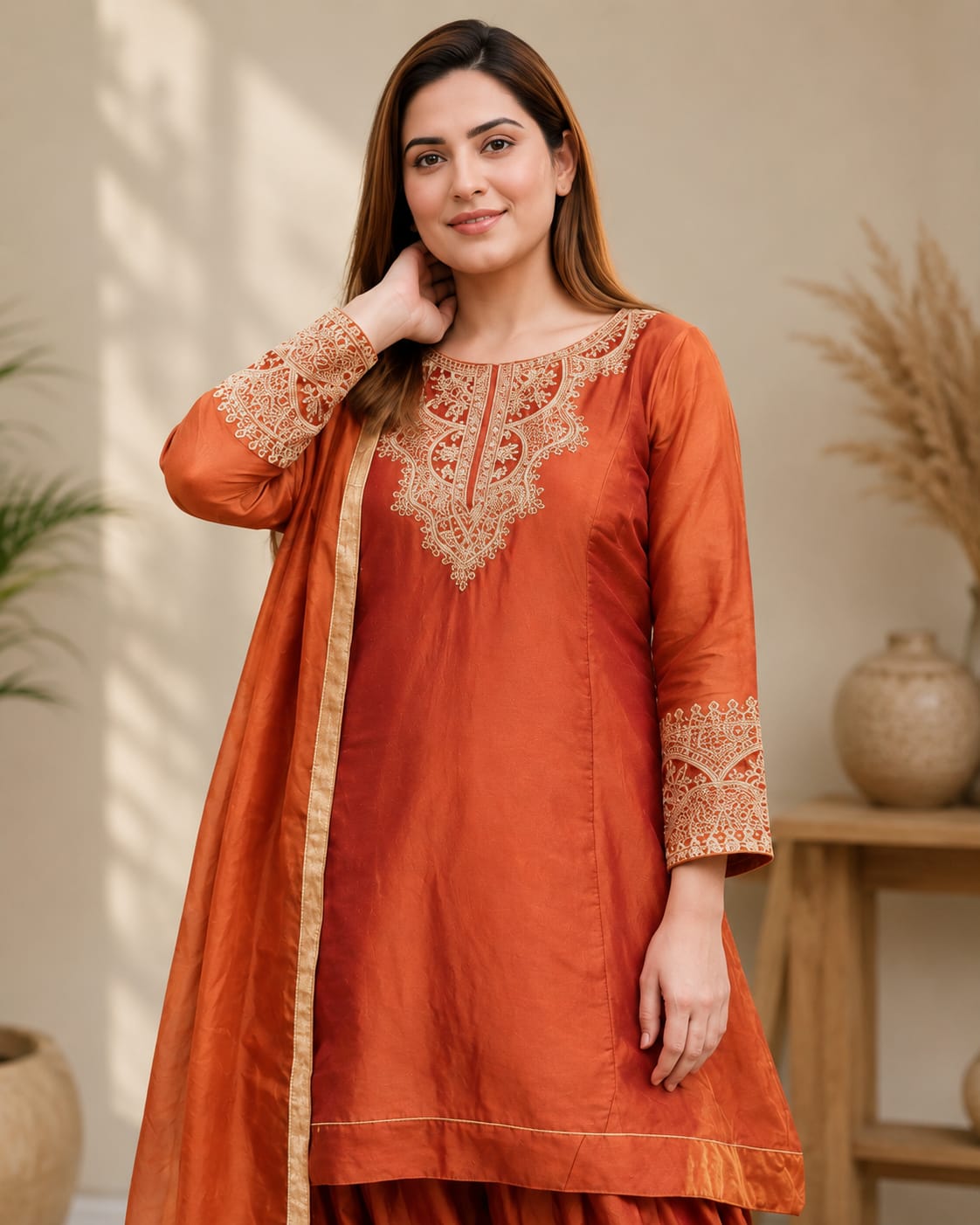Festive Rust Orange Embroidered Punjabi Suit Set