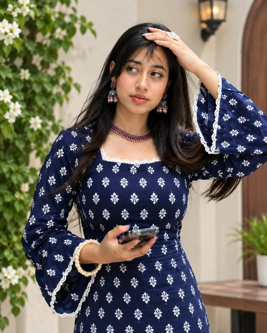 Navy Blue Printed Bell-Sleeve Kurti